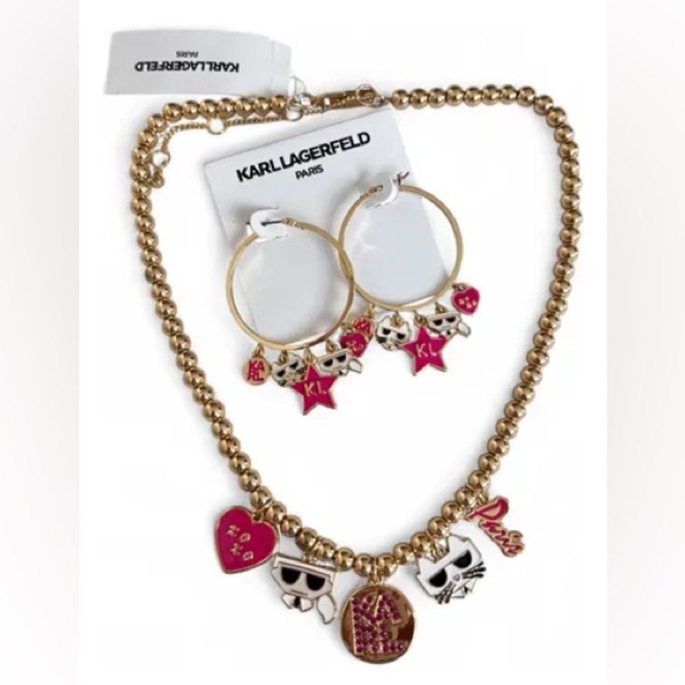 New KARL LAGERFELD Paris Charm Fashion Necklace Choupette Cat Pink Rhinestone. - Picture 7 of 7